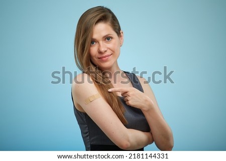 Concept isolated portrait corona virus COVID-19 SARS cov 2 infection vaccination with woman pointing finger on shoulder.