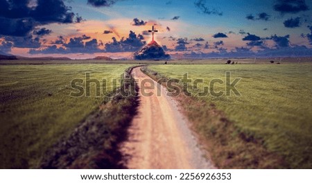 Concept of the journey towards destiny and spirituality.Landscape of crop fields and grassy meadows at sunset and road or path to the mountain with cross on top. 