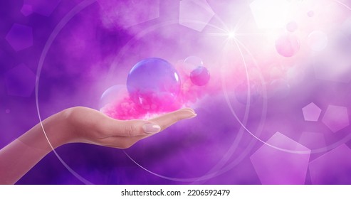 Concept Of Karma. Woman Holding Images Of Spheres And Pink Smoke On Color Background, Closeup