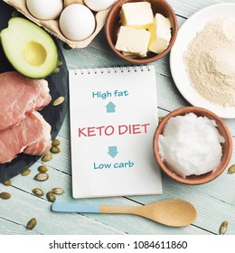 Concept of ketogenic diet. Notepad with text, spoon and dietary food on light table.