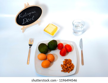 Concept of ketogenic diet. Poster written with diet foods like eggs, avocado, tomatoes and butter. - Shutterstock ID 1196494546