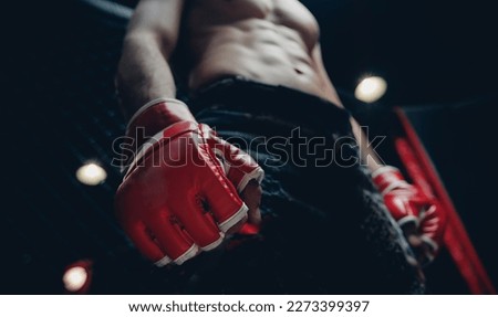 Concept kickboxing sport banner, dark color. Closeup red Gloves for MMA of Boxers fighter in octagon.