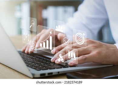 concept of long-term business development and management Executives looking at virtual screens business graph icon Goal setting, problem-solving, workflows, optimal business operations and innovation.