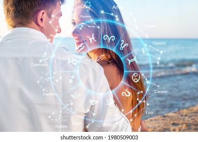 Concept of love with happy couple between zodiac signs. Horoscope astrology zodiac.