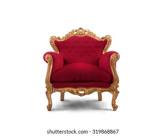 Concept of luxury and success with red velvet and gold armchair