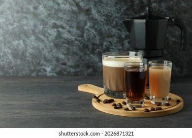 Concept of making Irish coffee on dark wooden table