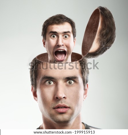 Concept of man screaming inside his opened head 