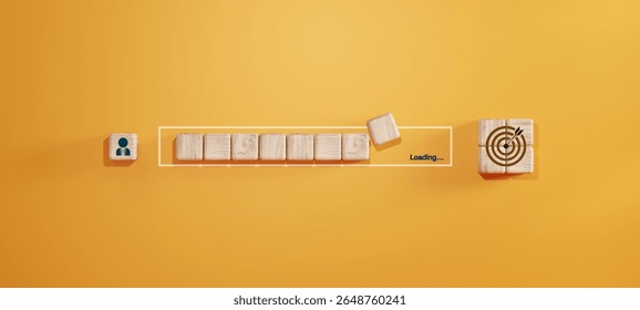 Concept of marketing conversion with wooden blocks in progress bar form. From user icon to target symbol. Ideal for CRM, customer journey, and digital marketing strategy.