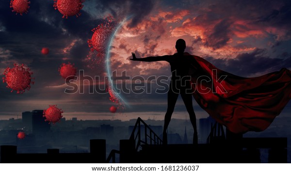 Concept\
of medical doctors fighting against global pandemic virus .\
Abstract silhouette portrait of young hero woman with super person\
red cape protect city from corona virus\
outbreak.
