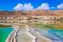  The Concept Of Medical And Ecological Tourism. Therapeutic Dead Sea, Israel. Picturesque Stripes Of Salt On The Shallow Seashore