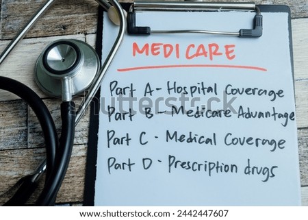 Concept of Medicare write on paperwork with stethoscope isolated on wooden background.