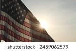 Concept of Memorial Day, Remember and Honor, 4th of July, Independence Day, Veteran Day, Holiday, Celebration. American USA flag waving in sunset outdoor background for honoring, mourning USA military