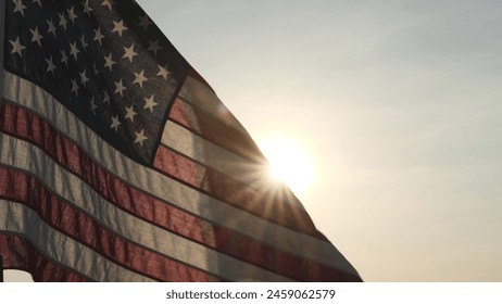 Concept of Memorial Day, Remember and Honor, 4th of July, Independence Day, Veteran Day, Holiday, Celebration. American USA flag waving in sunset outdoor background for honoring, mourning USA military - Powered by Shutterstock