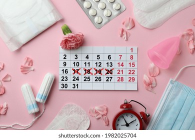 Concept Of Menstruation On Pink Background, Top View