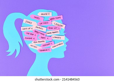 Concept For Mental Load With Woman's Head Silhouette With Multiple Tasks On Notes 