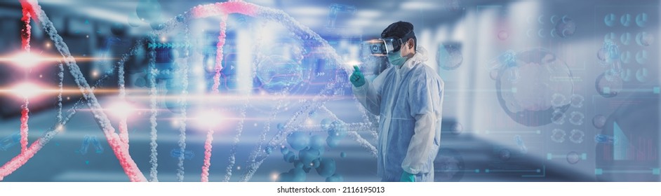 Concept Metaverse Virtual Universe Digital Technology.medical Science. Doctor Or Scientist Use Glasses Of Virtual Reality Or VR, Augmented Reality Or AR Simulation. DNA Biology Genome Sample