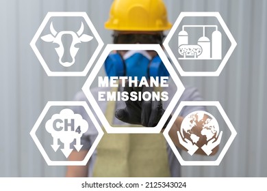 Concept Of Methane Emissions. CH4 Emission Reduction From Livestock, Industry. Methane Production And Ecology Environment Protection Standards.