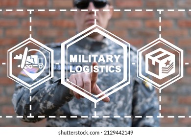 Concept Of Military Logistics. Army Logistic Goods, Products, Equipment Weapons Supply Chain And Distribution.