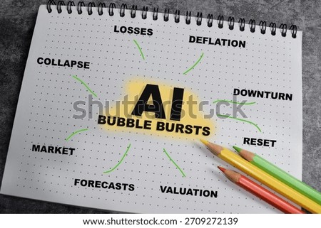 Concept of mind map AI bubble bursts write on book isolated on Wooden Table.