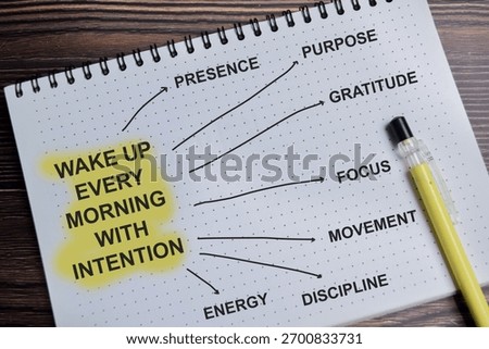 Concept of mind map. Wake up every morning with intention write on book with keywords isolated on Wooden Table.