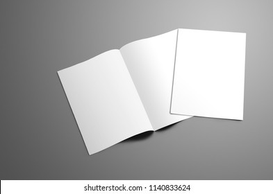 Concept Mockup With Two Blank   A4, (A5) Bi-fold Brochure With Soft Shadows Isolated On Gray Background. One Booklet Is Closed And Lie On Open On The Spread. Template Can Be Used For Your Design.