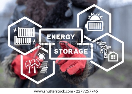 Concept of a modern high-capacity battery energy storage system in a container. Energy storage at wind generators and solar panels. Renewable power.