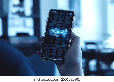 Concept of modern technology improvement of future. Software update of Smartphone. hardware upgrade with online network to improve system security.