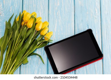 the concept of Mother's Day, March 8, Valentine's Day. a tulip flower on a pastel blue wooden background, next to a tablet computer with space for text.