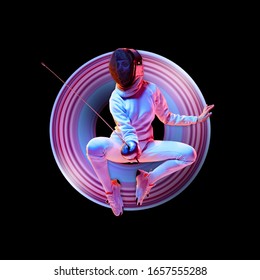 Concept Of Motion And Action In Sport. Young Caucasian Girl Fencing In Neon Light On Black Background. Training In Jump, Flight. Sport, Healthy Lifestyle, Movement, Advertising. Abstract Design.