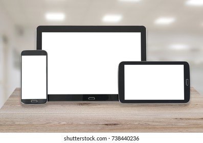 Concept Of Multi Device Technology Mockup For Responsive Design Presentation - Digital Tablet And Smartphone In Various Orientation.