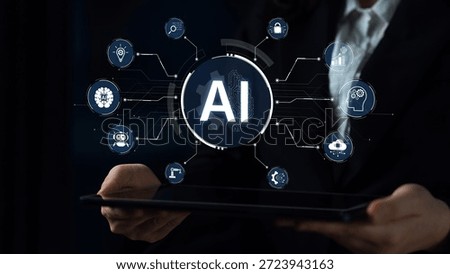 A concept of a multifunctional AI platform. This central intelligence hub powers various business operations, including automation, security, data analysis, and innovation. Parse