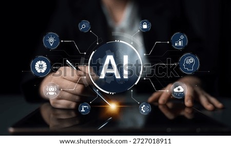 A concept of a multifunctional AI platform. This central intelligence hub powers various business operations, including automation, security, data analysis, and innovation. Parse