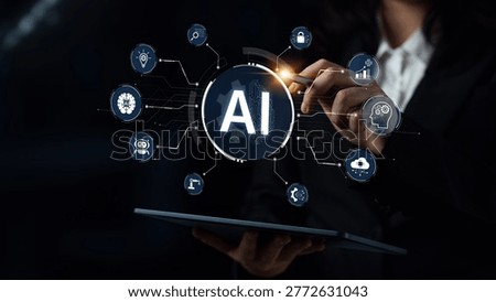 A concept of a multifunctional AI platform. This central intelligence hub powers various business operations, including automation, security, data analysis, and innovation. Parse