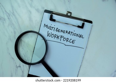 Concept Of Multigenerational Workforce Write On Paperwork With Statistics Isolated On Wooden Table.