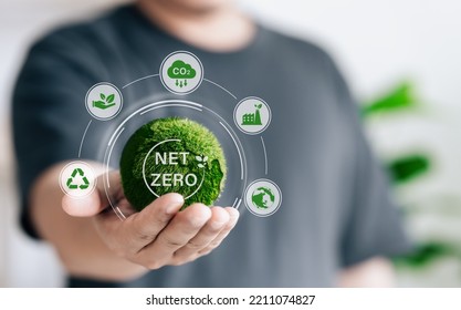 Concept Of Net Zero, Carbon Neutral. Net Zero Greenhouse Gas Emissions Target. Climate Neutral Long Term Strategy. Green World On Man Hand With Green Net Zero Icon And Green Icon On White Background.