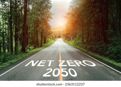The concept of net zero and carbon neutrality Zero net text on road with beautiful mountain nature forest For the goal of net zero greenhouse gas emissions Long-term climate-neutral strategy