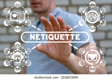 Concept of netiquette. Web communication etiquette. Courtesy and good manners in website, social media, internet community.