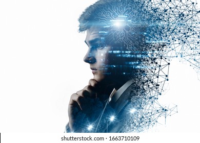 Concept of network and connection is artificial intelligence. Businessman thinks on a white background.