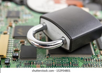 Concept of network security. Locker on computer board. 
