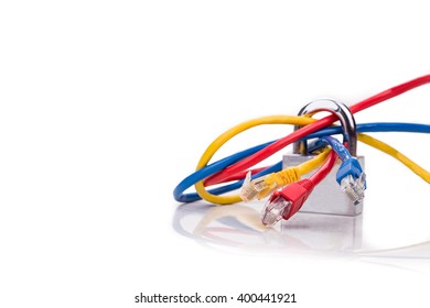 Concept of network security with padlock over multiple network cables in white background