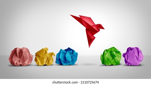 Concept of new idea and creative thinking as a symbol of innovation and inspiration metaphor as a group of crumpled papers with one different paper transforming into an origami bird in flight.  - Shutterstock ID 2110725674