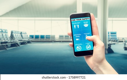 Concept Of A New Normal After The Coronavirus Epidemic. Application On The Phone With Guidelines For Travelers At The Airport. Resumption Of Flights And Empty Airport. Female Millennials In Travel.