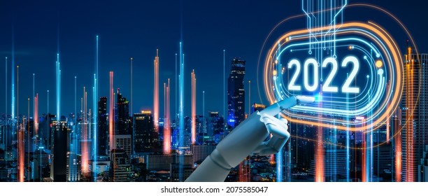 
concept of new year 2022 Vision Technology and Modern city with wireless network connection.Robot finger,Big data and business concept.Robot finger on word 2022 and city network connection background - Shutterstock ID 2075585047