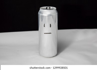 Concept No Emotion, Deserted Person. Neutral Face Emoticon On Aluminium Can, Emoji With Poker Face