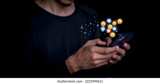 Concept with notification icons of like being happy.and social media interactions on mobile phone,message, email, comment ,businessman hands holding device,smartphone, internet digital marketing.	 - Powered by Shutterstock