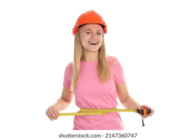 Concept Of Occupation, Young Woman Builder Isolated On White Background