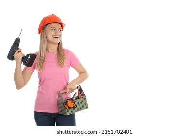 Concept Of Occupation, Young Woman Builder Isolated On White Background