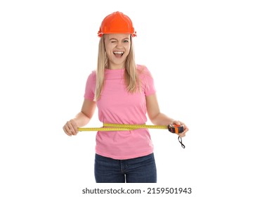 Concept Of Occupation, Young Woman Builder Isolated On White Background