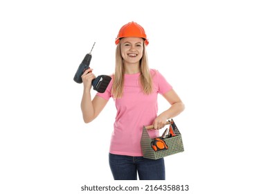 Concept Of Occupation, Young Woman Builder Isolated On White Background