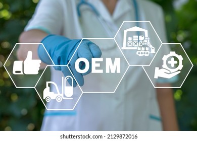 Concept of OEM Original Equipment Manufacturer Health Medications. Pharmacist or doctor using virtual touchscreen presses OEM acronym.